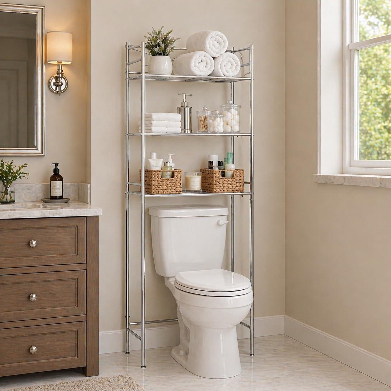 imageHoneyCanDo 3Tier Metal Bathroom Shelf Space Saver Over The Toilet Storage Rack Organizer Adjustable Chrome Wire Shelving Unit for Towels amp Toiletries 95 x 23 x 60 in3Tier Bathroom Tower Shelf