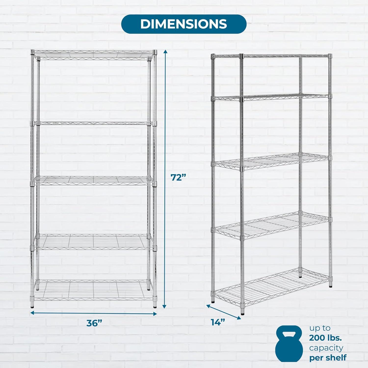 imageHoneyCanDo 5Tier Heavy Duty Adjustable Shelving Unit 200lb Per Shelf NSF Certified Metal Storage Rack Chrome Wire Shelf for Garage Kitchen Pantry 36 x 14 x 72 in