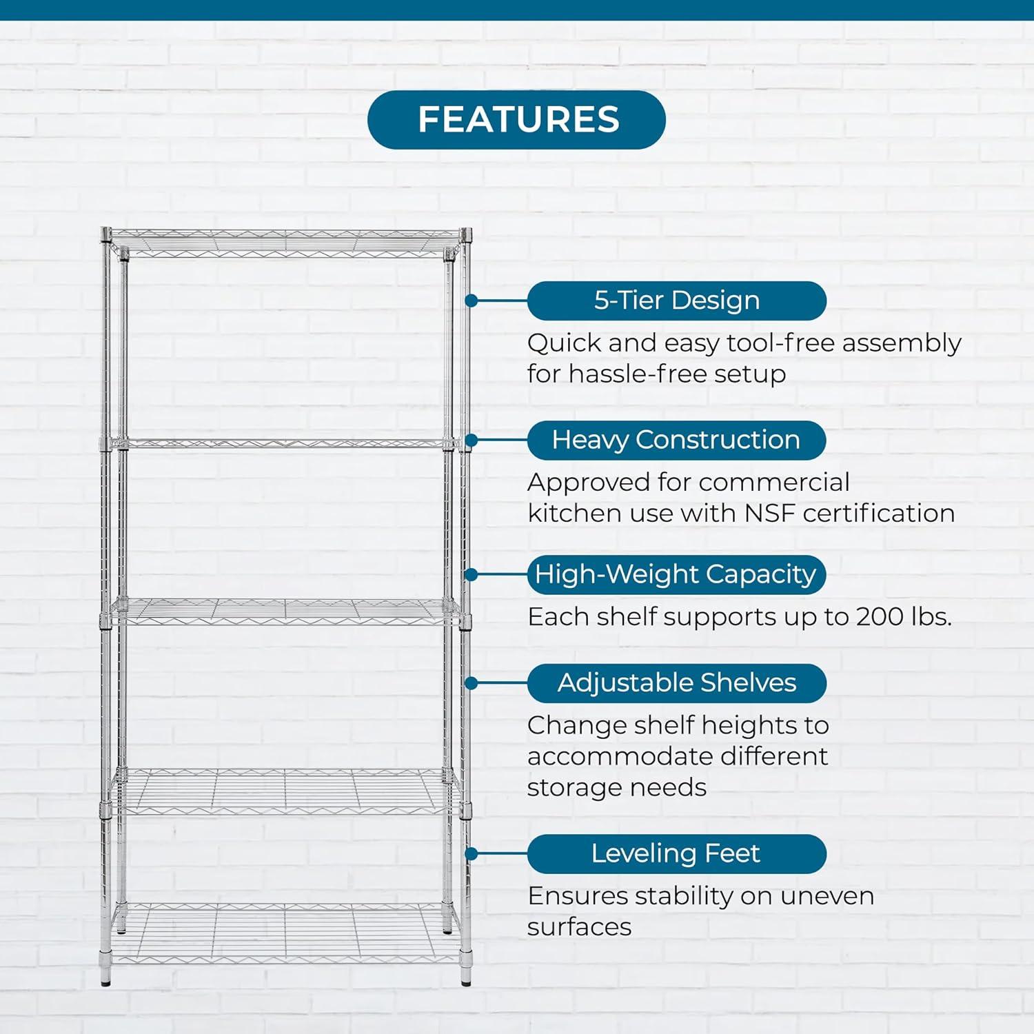 imageHoneyCanDo 5Tier Heavy Duty Adjustable Shelving Unit 200lb Per Shelf NSF Certified Metal Storage Rack Chrome Wire Shelf for Garage Kitchen Pantry 36 x 14 x 72 in