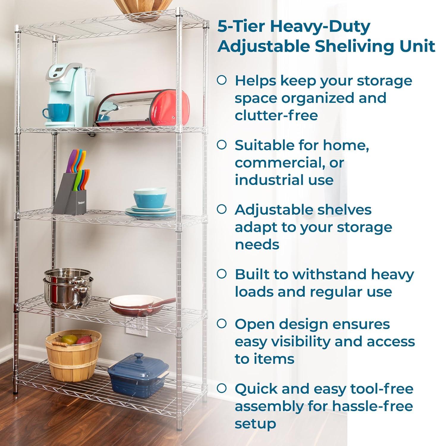 imageHoneyCanDo 5Tier Heavy Duty Adjustable Shelving Unit 200lb Per Shelf NSF Certified Metal Storage Rack Chrome Wire Shelf for Garage Kitchen Pantry 36 x 14 x 72 in