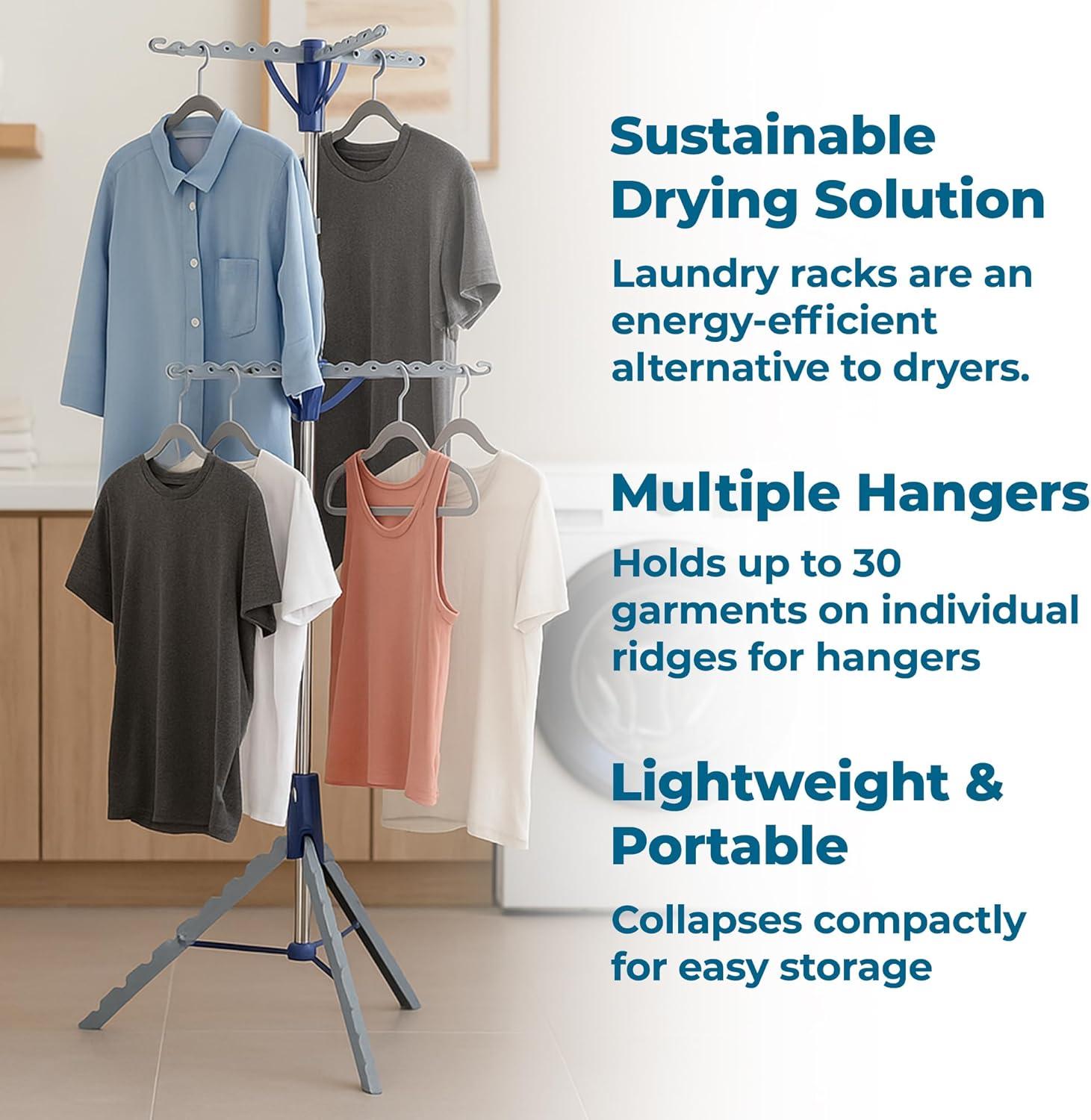 imageHoneyCanDo 64Inch Steel Tripod Clothes Drying Rack Foldable Collapsible Laundry Stand with 3 Rotatable Arms Holds 30 Hangers SpaceSaving Indoor Outdoor Air Dry Rack Blue2 Tier