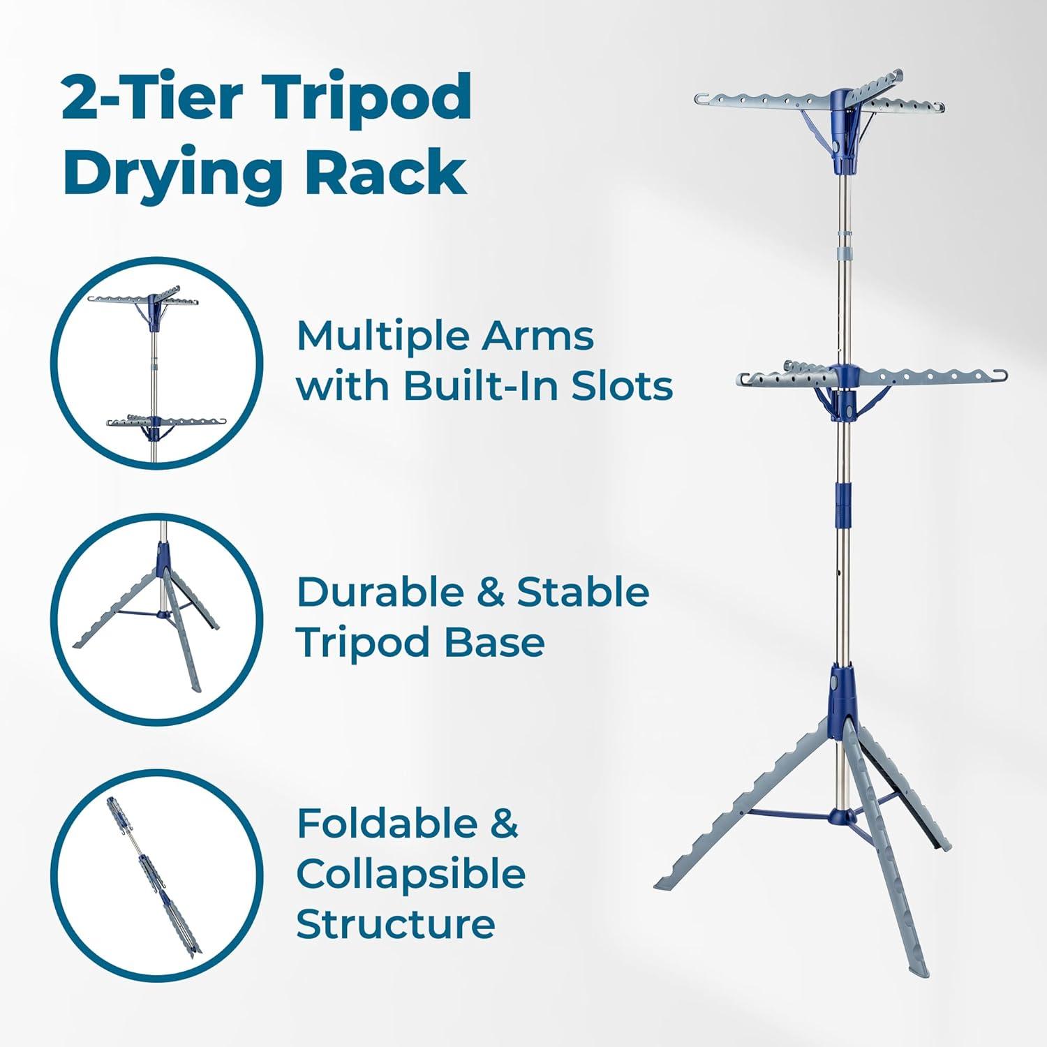 imageHoneyCanDo 64Inch Steel Tripod Clothes Drying Rack Foldable Collapsible Laundry Stand with 3 Rotatable Arms Holds 30 Hangers SpaceSaving Indoor Outdoor Air Dry Rack Blue2 Tier