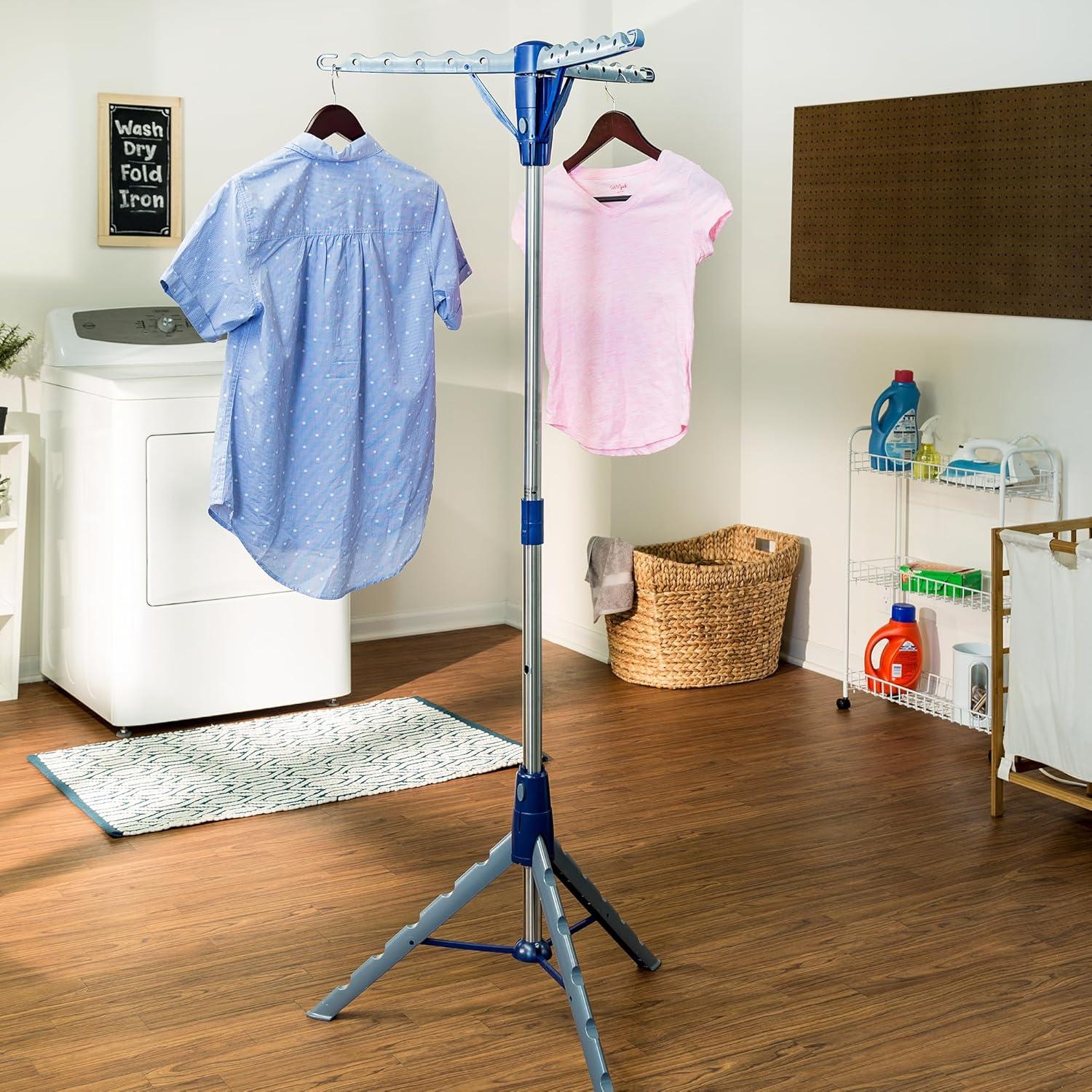 imageHoneyCanDo 64Inch Steel Tripod Clothes Drying Rack Foldable Collapsible Laundry Stand with 3 Rotatable Arms Holds 30 Hangers SpaceSaving Indoor Outdoor Air Dry Rack Blue1 Tier