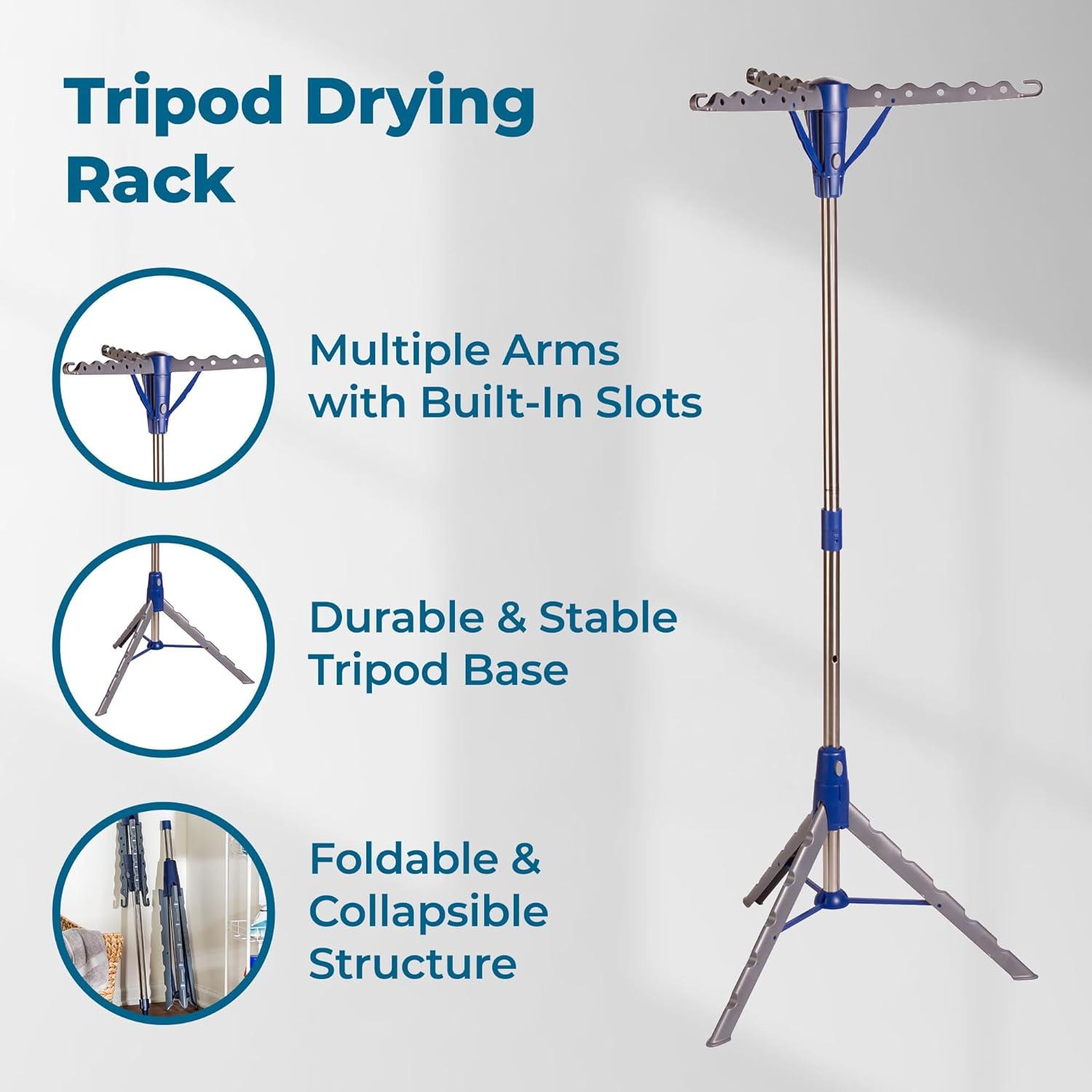 imageHoneyCanDo 64Inch Steel Tripod Clothes Drying Rack Foldable Collapsible Laundry Stand with 3 Rotatable Arms Holds 30 Hangers SpaceSaving Indoor Outdoor Air Dry Rack Blue1 Tier