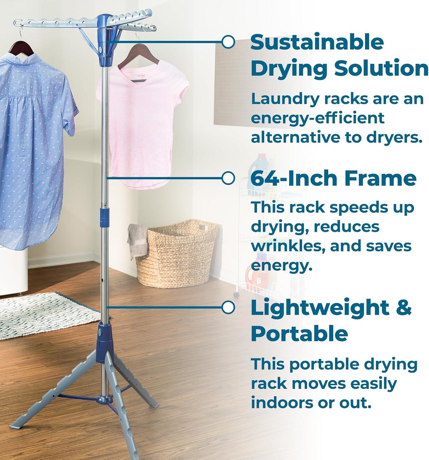 imageHoneyCanDo 64Inch Steel Tripod Clothes Drying Rack Foldable Collapsible Laundry Stand with 3 Rotatable Arms Holds 30 Hangers SpaceSaving Indoor Outdoor Air Dry Rack Blue1 Tier