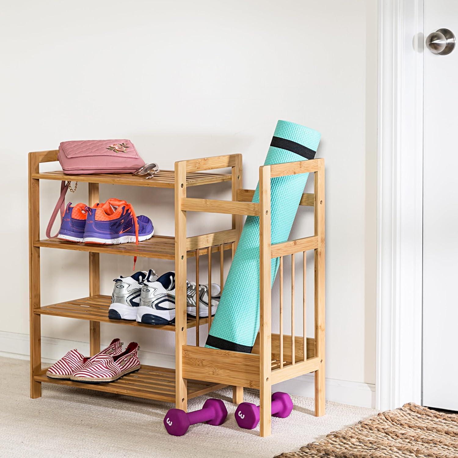 imageHoneyCanDo Bamboo Entryway Organizer with 5 Coat Hooks and 3Tier Shoe Rack MultiPurpose Hall Tree for Entryway amp Mudroom Natural Bamboo Storage Shelf for Bags Hats and Umbrellas
