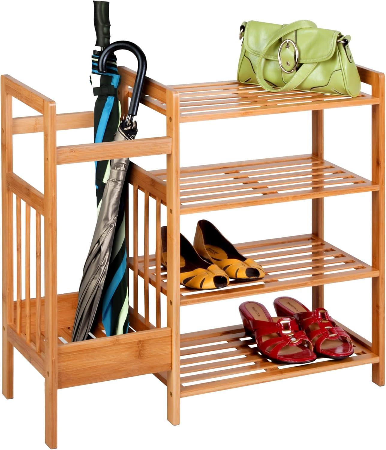 imageHoneyCanDo Bamboo Entryway Organizer with 5 Coat Hooks and 3Tier Shoe Rack MultiPurpose Hall Tree for Entryway amp Mudroom Natural Bamboo Storage Shelf for Bags Hats and Umbrellas