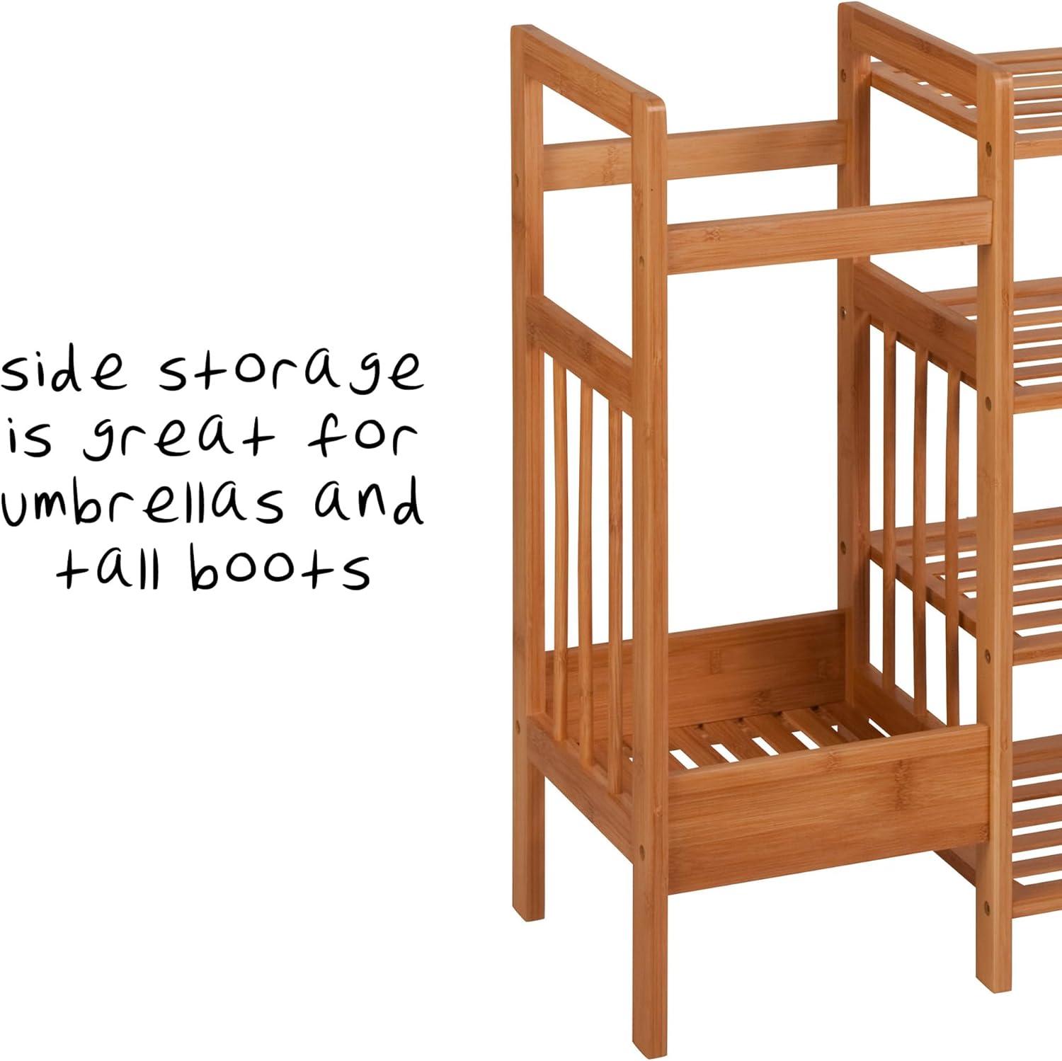 imageHoneyCanDo Bamboo Entryway Organizer with 5 Coat Hooks and 3Tier Shoe Rack MultiPurpose Hall Tree for Entryway amp Mudroom Natural Bamboo Storage Shelf for Bags Hats and Umbrellas