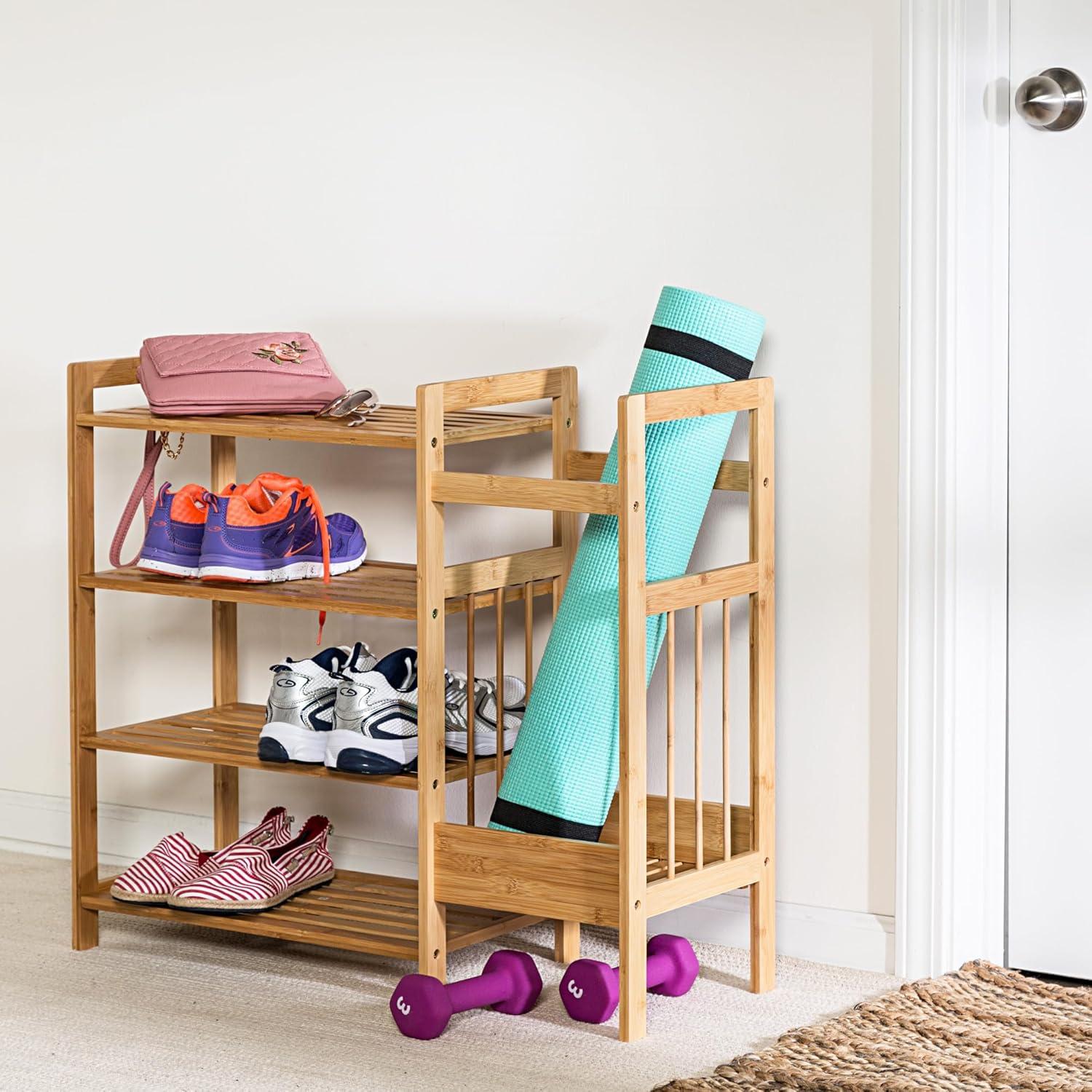 imageHoneyCanDo Bamboo Entryway Organizer with 5 Coat Hooks and 3Tier Shoe Rack MultiPurpose Hall Tree for Entryway amp Mudroom Natural Bamboo Storage Shelf for Bags Hats and Umbrellas