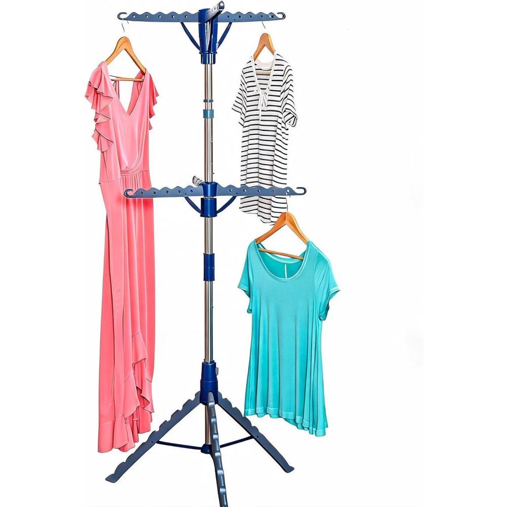 imageHoneyCanDo 64Inch Steel Tripod Clothes Drying Rack Foldable Collapsible Laundry Stand with 3 Rotatable Arms Holds 30 Hangers SpaceSaving Indoor Outdoor Air Dry Rack Blue2 Tier