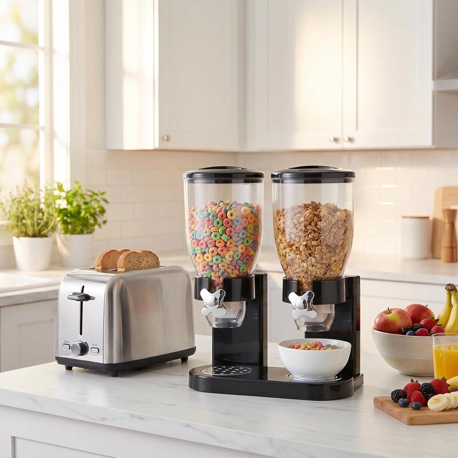 imageHoneyCanDo Zevro Dual Dry Food Dispenser Countertop Cereal Dispenser with Portion Control 175 oz Per Canister Airtight BPAFree Snack Dispenser for Kitchen Organization BlackChrome
