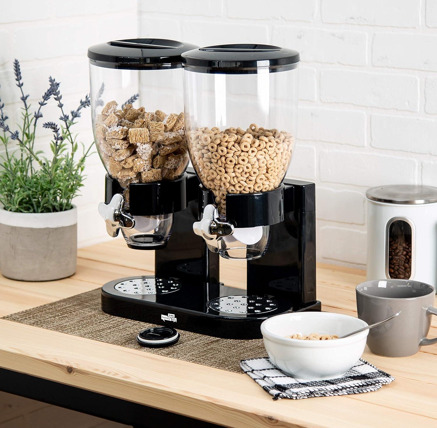 imageHoneyCanDo Zevro Dual Dry Food Dispenser Countertop Cereal Dispenser with Portion Control 175 oz Per Canister Airtight BPAFree Snack Dispenser for Kitchen Organization BlackChrome