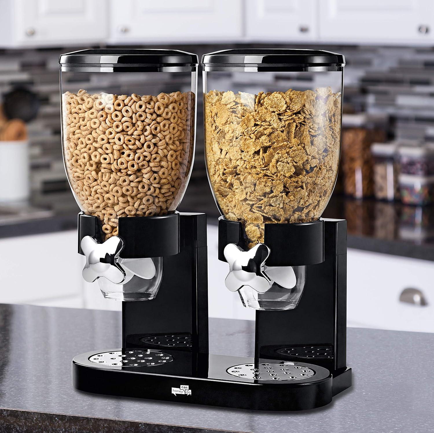 imageHoneyCanDo Zevro Dual Dry Food Dispenser Countertop Cereal Dispenser with Portion Control 175 oz Per Canister Airtight BPAFree Snack Dispenser for Kitchen Organization BlackChrome