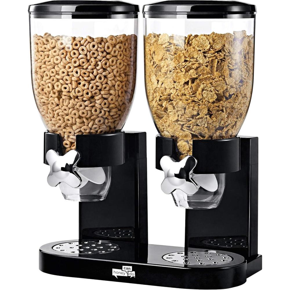 imageHoneyCanDo Zevro Dual Dry Food Dispenser  Countertop Cereal Dispenser with Portion Control 175 oz Per Canister Airtight BPAFree Snack Dispenser for Kitchen Organization BlackChrome
