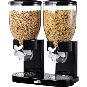 Honey-Can-Do Zevro Dual Dry Food Dispenser – Countertop Cereal Dispenser with Portion Control, 17.5 oz Per Canister, Airtight BPA-Free Snack Dispenser for Kitchen Organization, Black/Chrome
