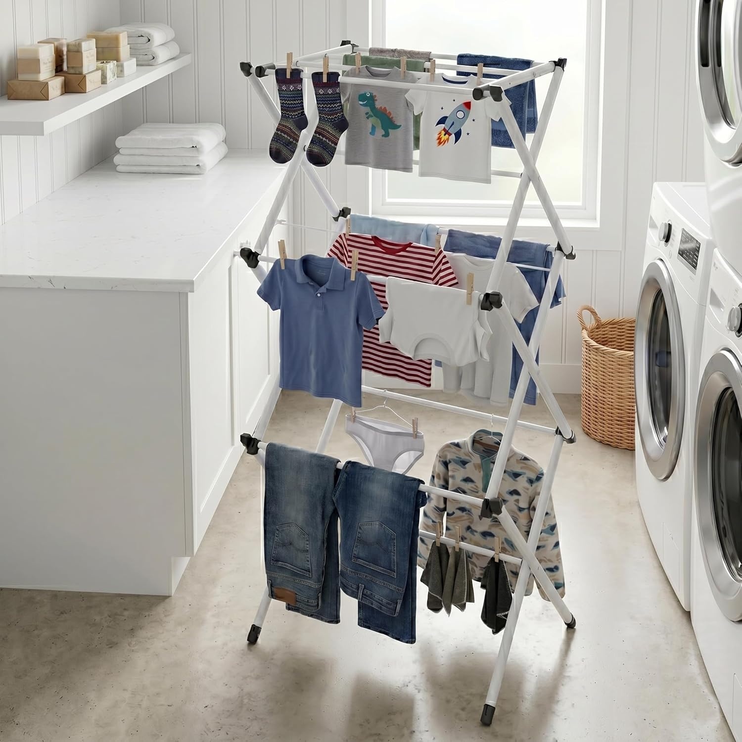 imageHoneyCanDo 3Tier Folding Metal Clothes Drying Rack Portable Accordion Laundry Drying Stand 16 Ft Drying Capacity Compact SpaceSaving Design for Apartments amp Small Spaces21 W