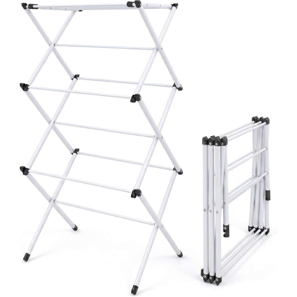 imageHoneyCanDo 3Tier Folding Metal Clothes Drying Rack Portable Accordion Laundry Drying Stand 16 Ft Drying Capacity Compact SpaceSaving Design for Apartments amp Small Spaces21 W