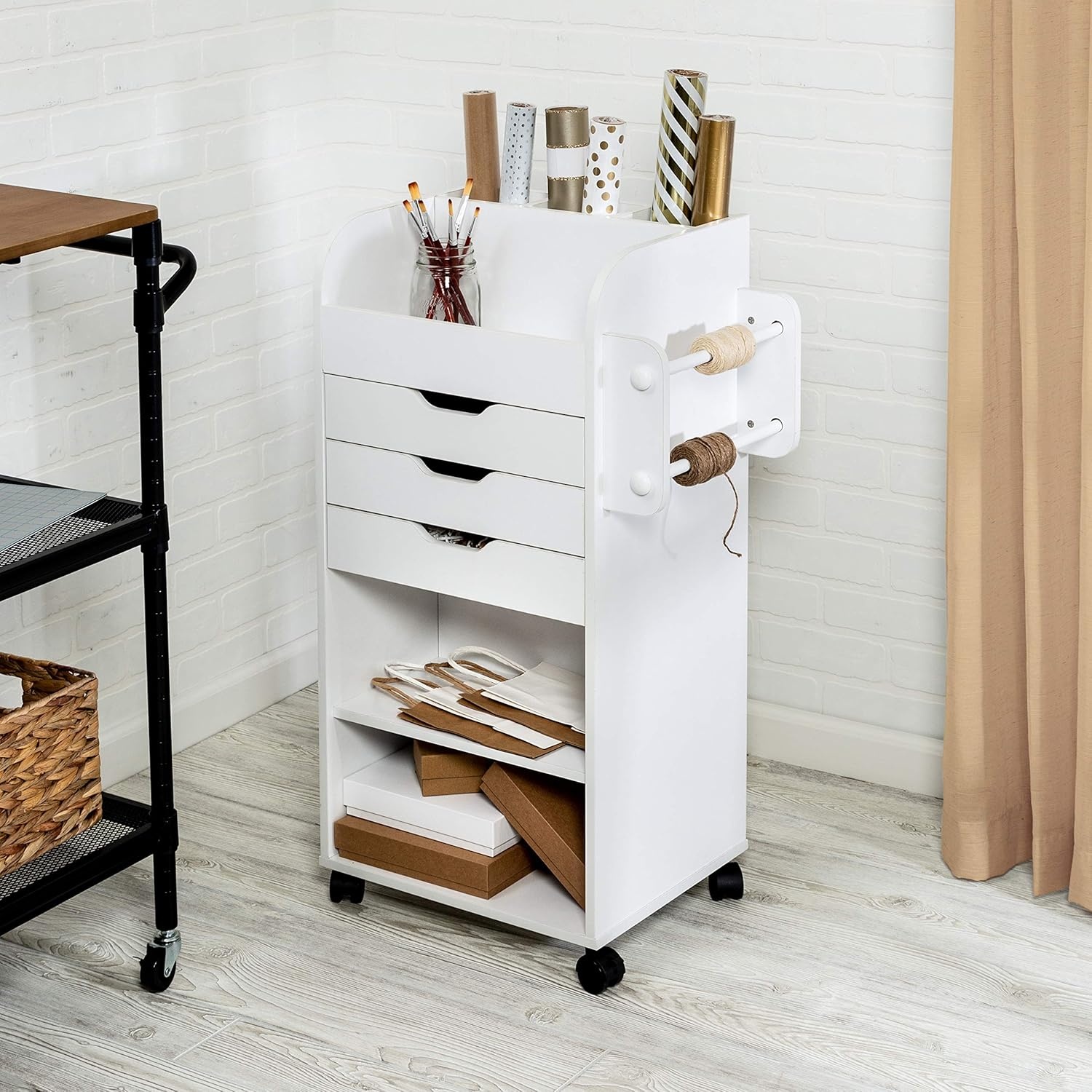 image:imageHoneyCanDo Deluxe Rolling Craft Storage Cart with Locking Wheels Organizer for 30inch Wrapping Paper Ribbon Spools Tools amp Supplies 3 Drawers amp Open ShelvesStorage Cart