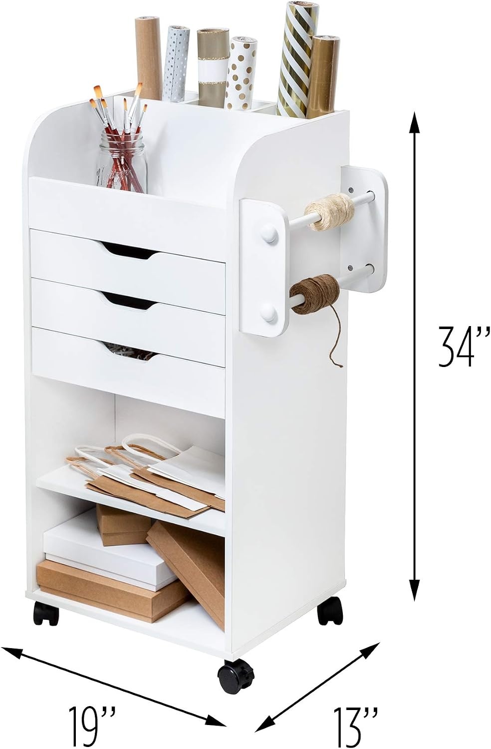 image:imageHoneyCanDo Deluxe Rolling Craft Storage Cart with Locking Wheels Organizer for 30inch Wrapping Paper Ribbon Spools Tools amp Supplies 3 Drawers amp Open ShelvesStorage Cart