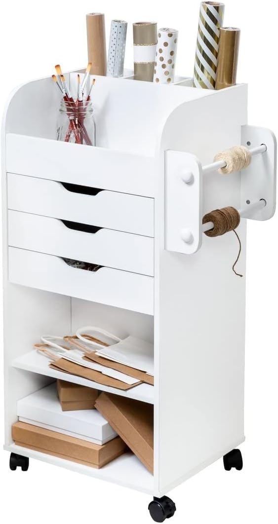 image:imageHoneyCanDo Deluxe Rolling Craft Storage Cart with Locking Wheels Organizer for 30inch Wrapping Paper Ribbon Spools Tools amp Supplies 3 Drawers amp Open ShelvesStorage Cart